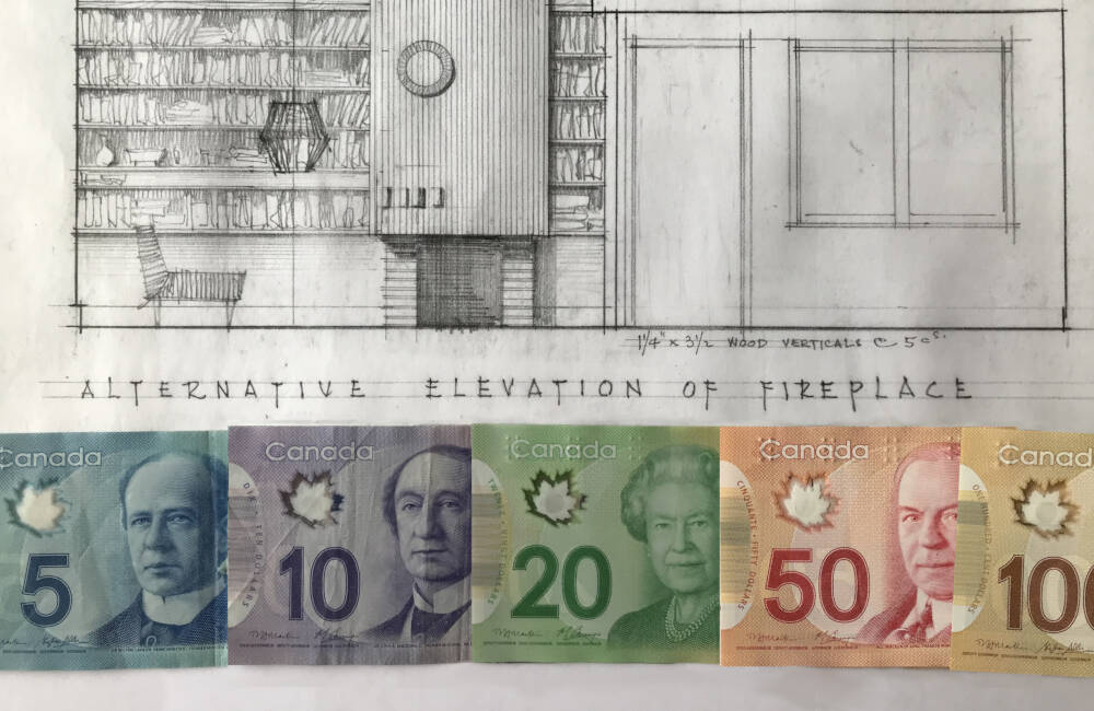 An architects hand-drawn blueprint showing an alternative interior elevation design is overlaid by dollar bills of varying denominations to represent the construction cost topic.