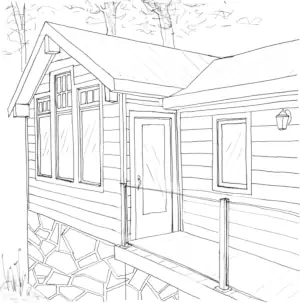 A hand-drawn sketch shows the preliminary design Classic Muskoka Homes developed for this cottage renovation project.