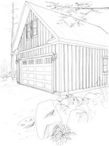 A hand-drawn sketch shows a view of how the finished garage design looks.