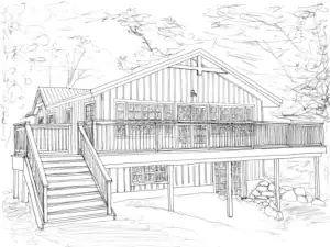 Large west-facing windows overlook the Oxtongue River from the common living space of this Muskoka house design.