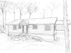 A hand-drawn sketch shows the exterior of this home design built on Lake Muskoka.