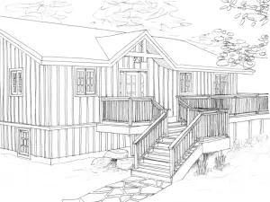 An entry deck turns through ninety degrees to connect the driveway to the entry door at the side of the house plan.