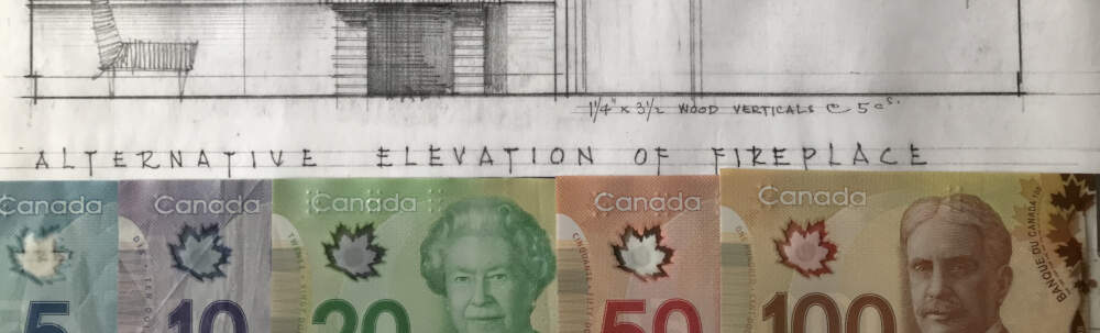 Dollar bills of varying denominations overlay an Architects hand-drawn blueprint drawing to represent the topic of construction cost.